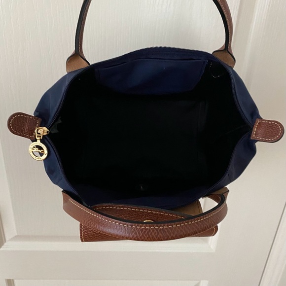 $150 Longchamp Le Pliage Navy Blue Nylon Brown Leather Tote Satchel Bag - Picture 15 of 16